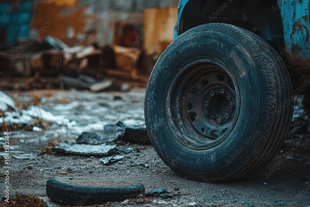 Closeup of a tire from a scrapped vehicle. Closeup of a tire from a scrapped vehicle.