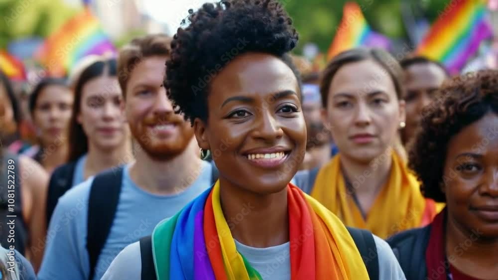 A diverse group of people celebrating pride with colorful scarves and smiles. A diverse group of people celebrating pride with colorful scarves and smiles.