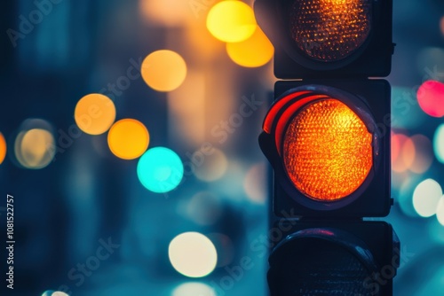 Close-up of a traffic light with an amber light showing, set against a blurred background of city lights.