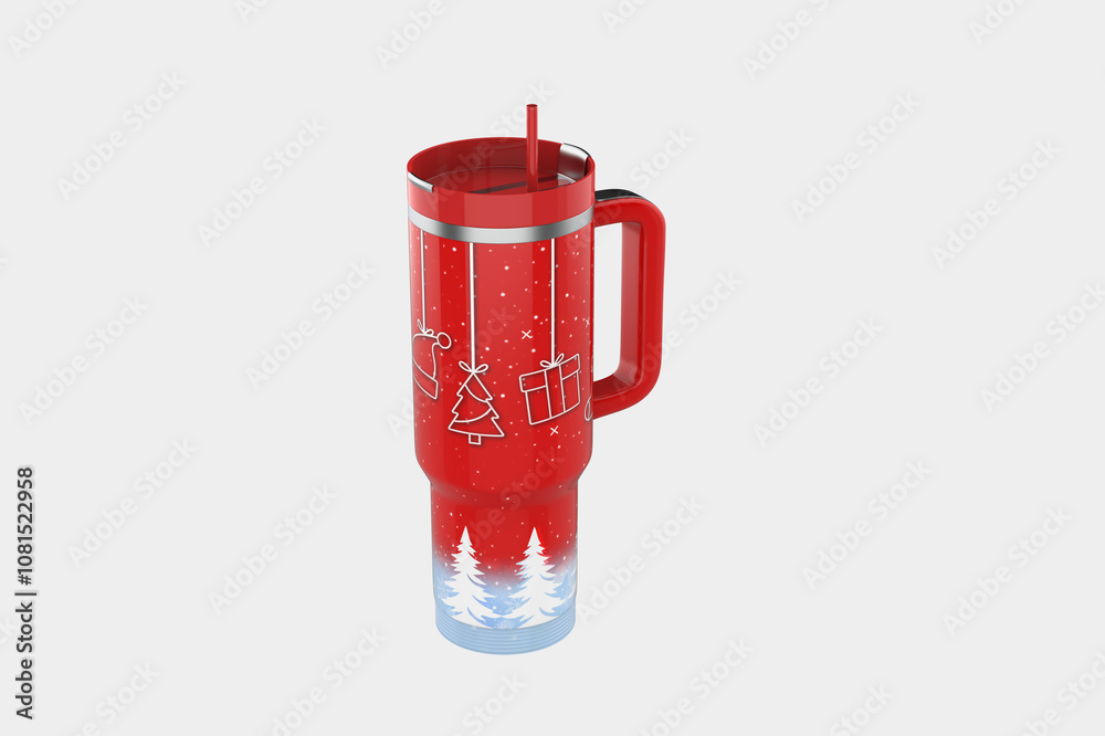 Obraz premium Christmas Gift Stainless Steel Coffee Tumbler With Handle and Straw Water Tea. 3d illustration