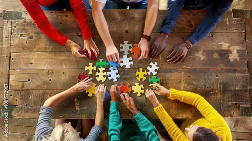 A striking image of collaborative problem-solving, depicting a diverse group of individuals piecing together a complex puzzle with interlocking parts