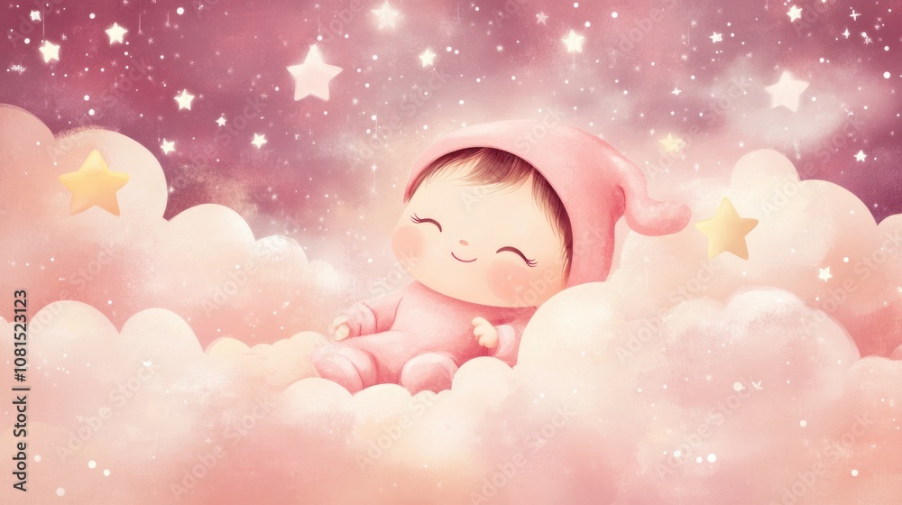 Happy baby girl cartoon in pink outfit, surrounded by stars and pastel clouds Happy baby girl cartoon in pink outfit, surrounded by stars and pastel clouds
