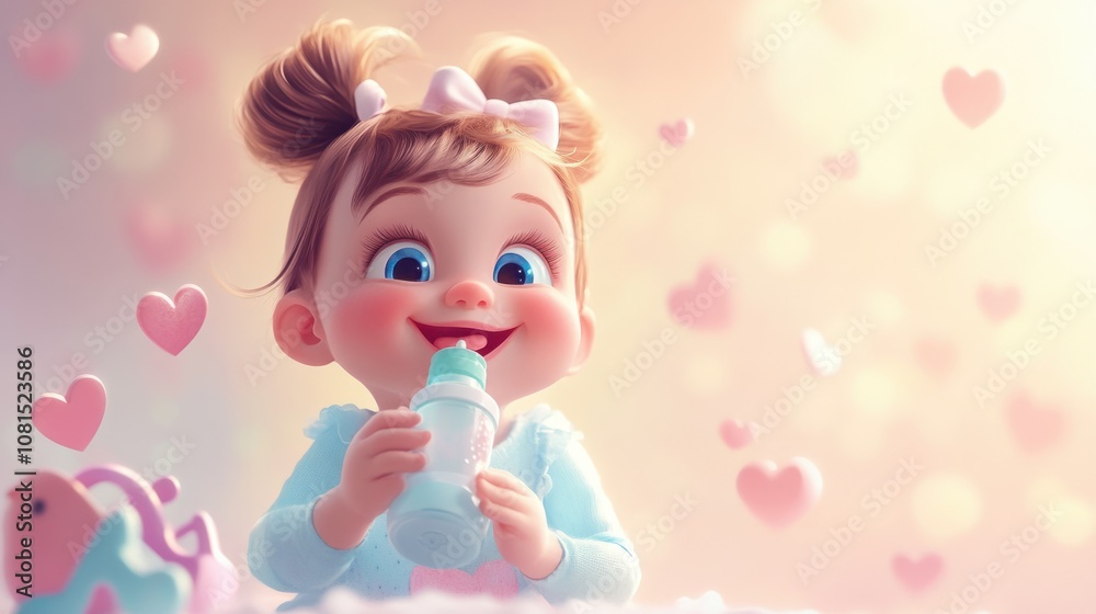 Smiling cartoon baby girl with a bottle, surrounded by hearts and toys, on a pastel background