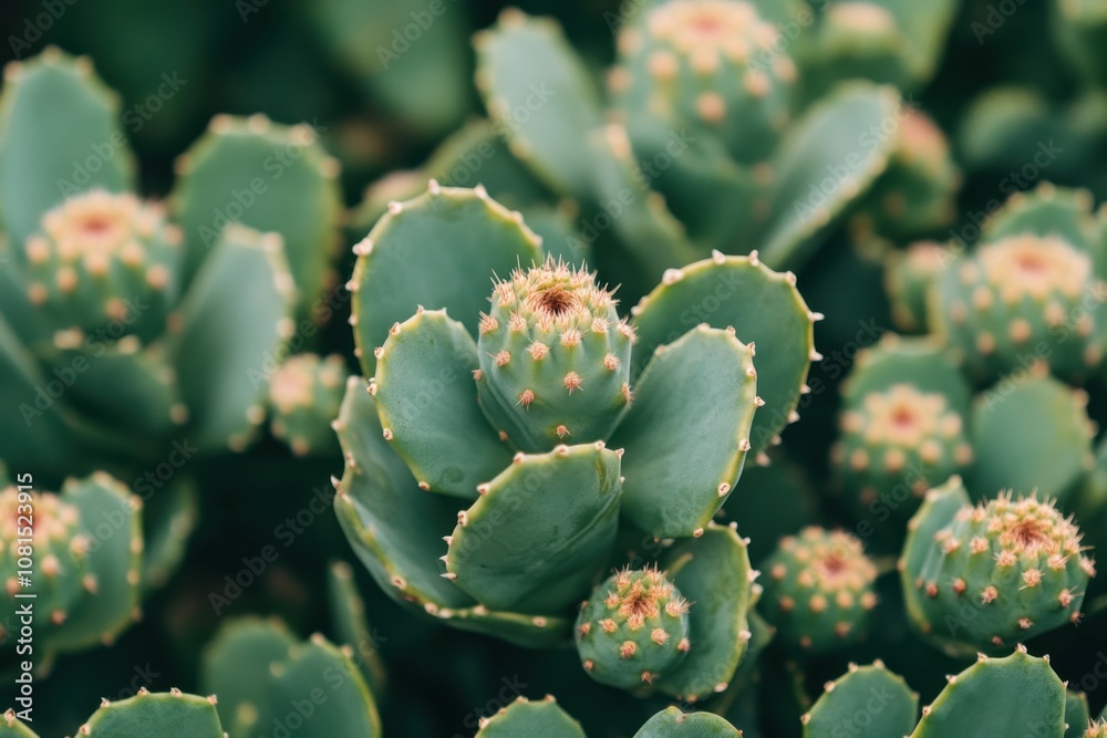 Close-up of green cactus with sharp spines and small buds. Close-up of green cactus with sharp spines and small buds.