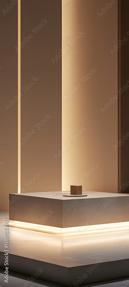 44. A minimalist podium with a high-gloss finish, under soft lighting, leaving room for product placement. 44. A minimalist podium with a high-gloss finish, under soft lighting, leaving room for product placement.