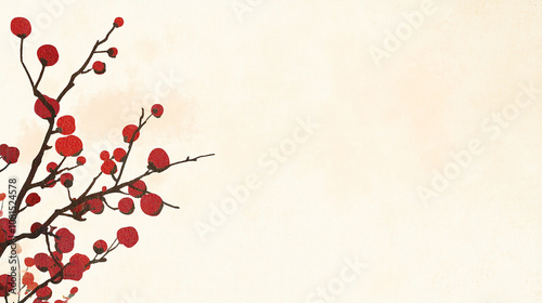 A watercolor illustration of a red-berried branch against a light beige background, leaving space for text or design. photo