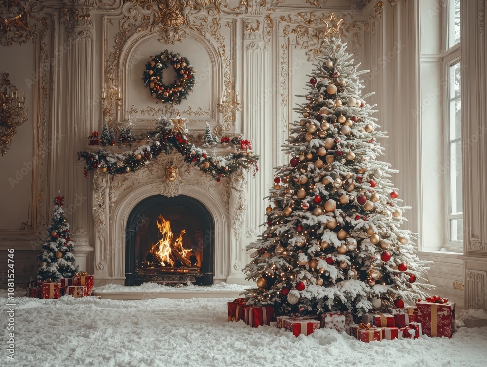 Adorn your home with a snow-covered pine christmas tree decorated in vintage style for the holidays