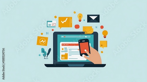A person using their smart phone with technology digital icons