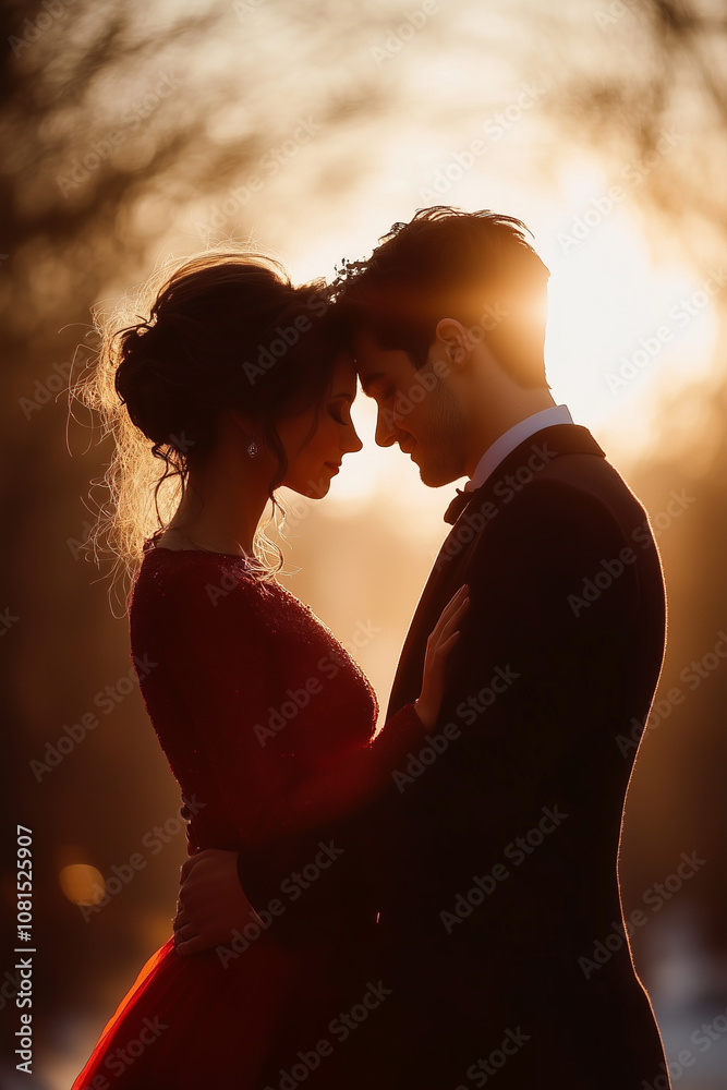 Romantic couple embracing at sunset, silhouette of love and connection, warm light and emotional outdoor scene Romantic couple embracing at sunset, silhouette of love and connection, warm light and emotional outdoor scene