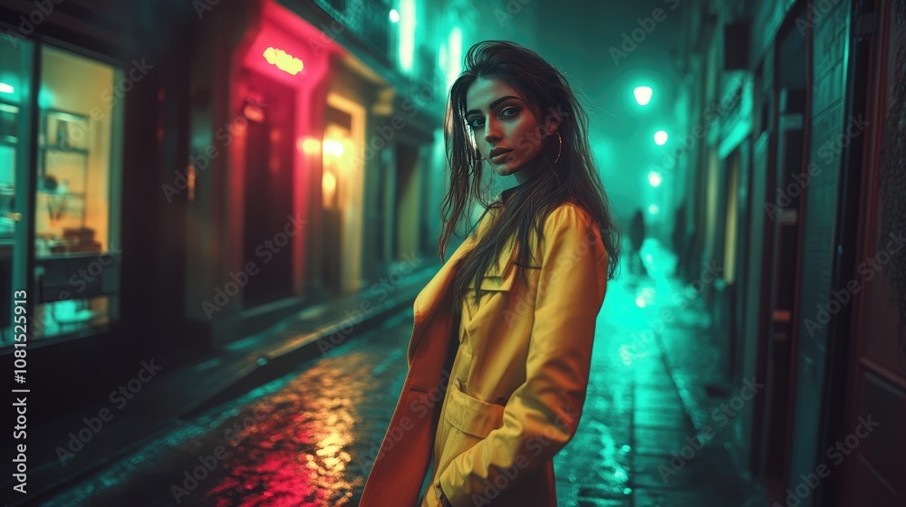 Mysterious Woman in Neon-Lit Urban Alley at Night Mysterious Woman in Neon-Lit Urban Alley at Night