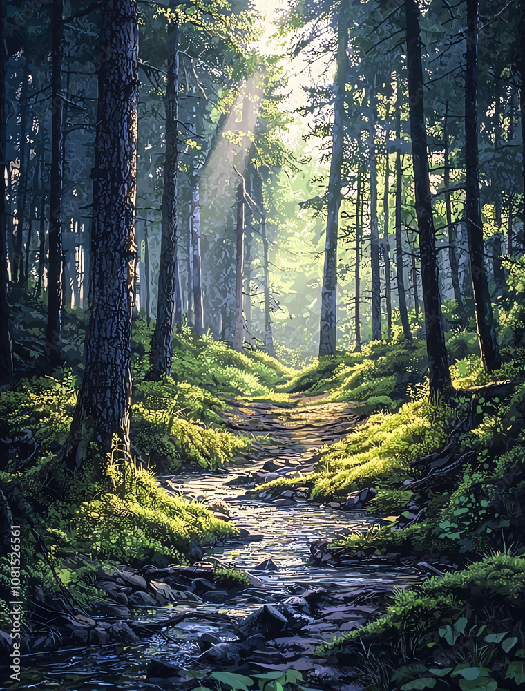 Fototapeta premium A forest path with sunlight shining through the trees