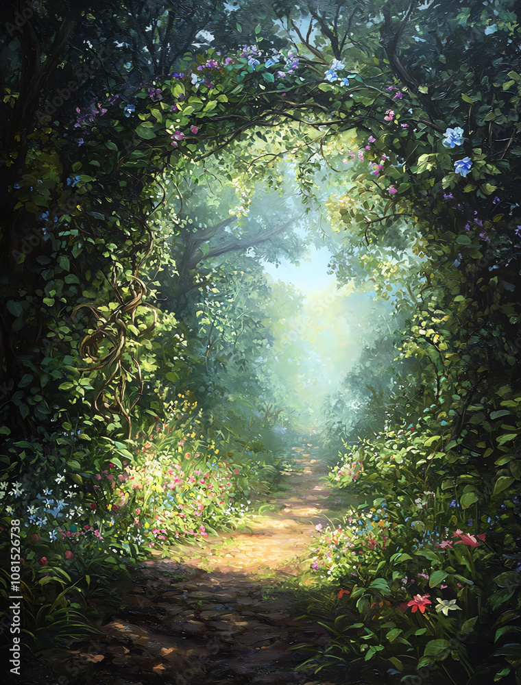 Fototapeta premium A painting of a forest with a large archway in the middle