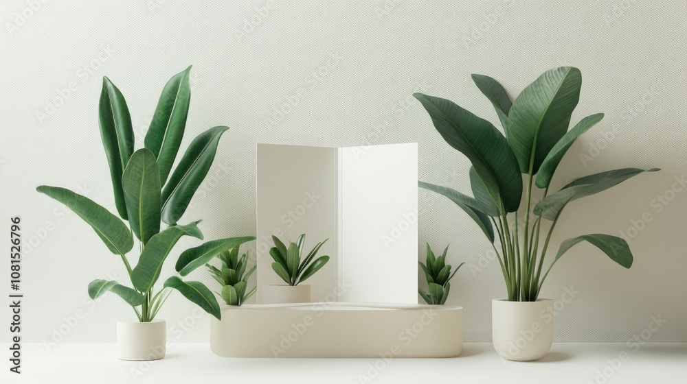 Minimalist Product Display with Plants and White Platform Minimalist Product Display with Plants and White Platform