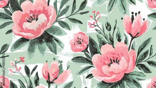 Soft Pink Watercolor Floral Pattern with Peonies and Leaves