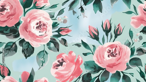 Soft Pink Watercolor Floral Pattern with Peonies and Leaves