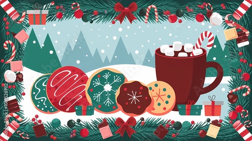 Festive Christmas Frame with Cookies, Hot Cocoa, and Winter Decorations