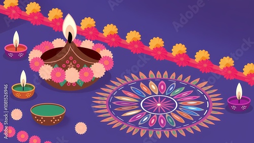 Vibrant Diwali Festival Illustration with Rangoli and Diyas