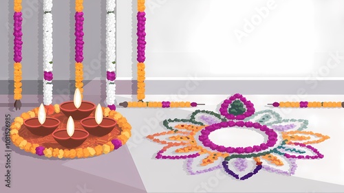 Traditional Diwali Festival Scene with Diyas and Floral Decorations