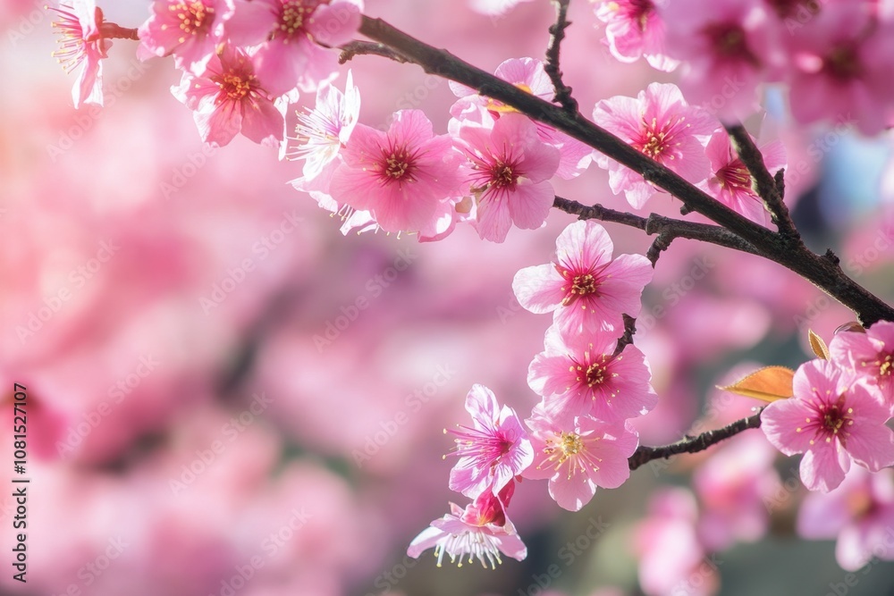 Delicate pink cherry blossoms on a branch against a soft, blurred background. Delicate pink cherry blossoms on a branch against a soft, blurred background.