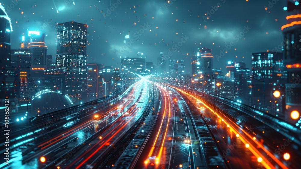 Fototapeta premium Futuristic cityscape with glowing lights and traffic streaks.