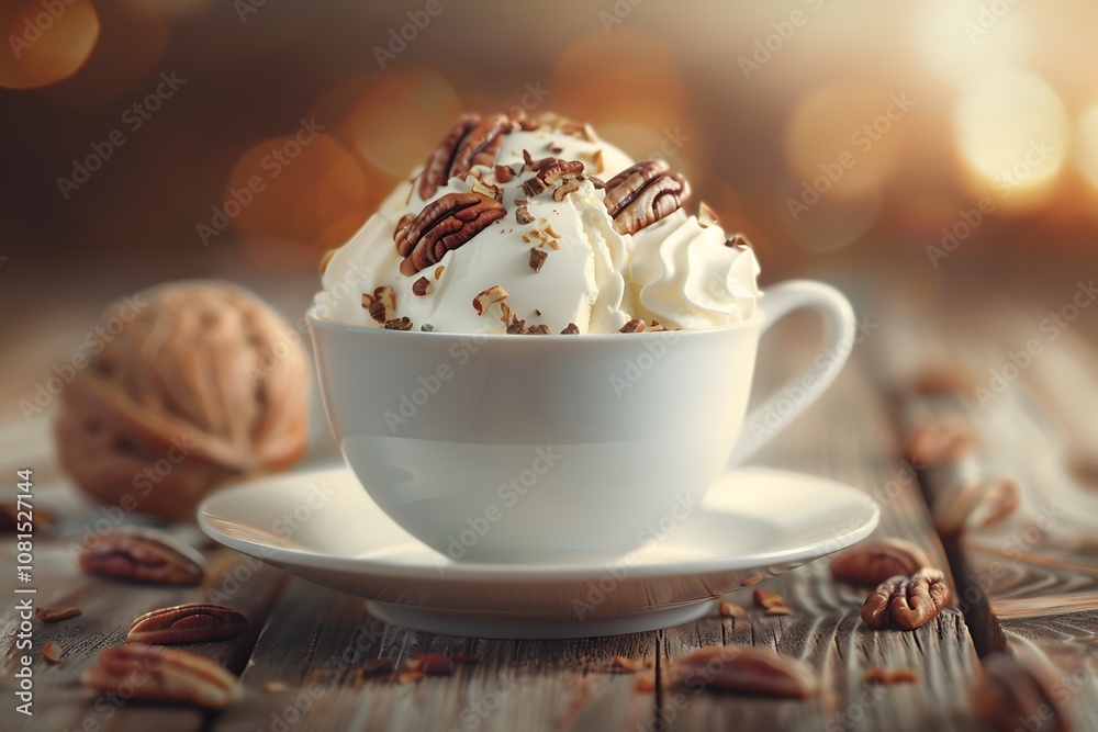 Close-up of vanilla ice cream with pecans in a white ceramic cup on a rustic table Close-up of vanilla ice cream with pecans in a white ceramic cup on a rustic table