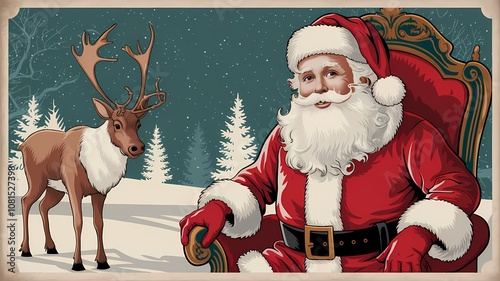 Vintage Santa with Reindeer in Snowy Forest - Classic Christmas Illustration