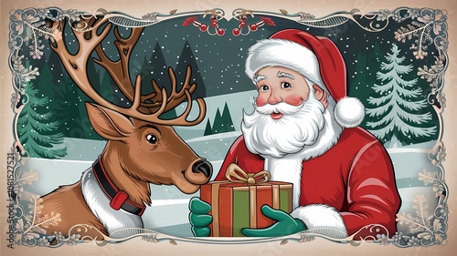 Santa Giving Gift to Reindeer - Heartwarming Christmas Illustration