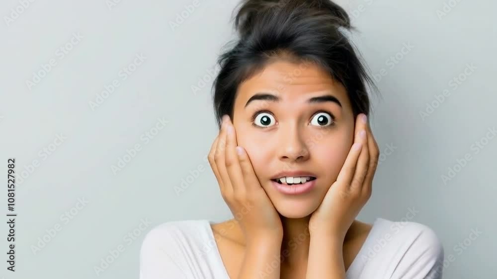A surprised young woman with wide eyes and hands on her cheeks expresses shock or disbelief. A surprised young woman with wide eyes and hands on her cheeks expresses shock or disbelief.