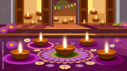 Traditional Diya Arrangement Illustration for Festive Celebrations