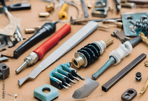 A collection of various tools on a wooden surface. The tools specialized instruments, making it a comprehensive set for different types of mechanical and repair work.