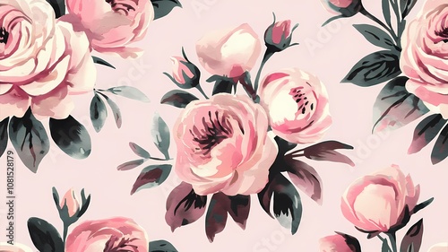Soft Pink Watercolor Floral Pattern with Roses and Green Leaves