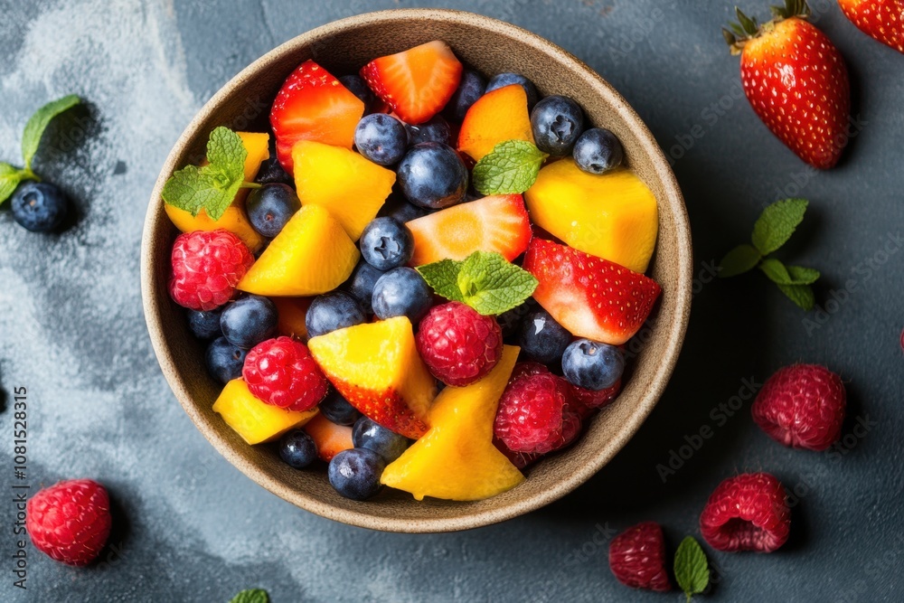 Fresh fruit salad with peach, raspberries, blueberries, and strawberries in a bowl on a blue background. Fresh fruit salad with peach, raspberries, blueberries, and strawberries in a bowl on a blue background.