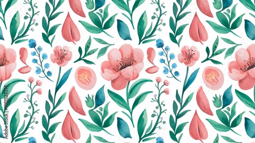 Watercolor Floral Wrapping Paper with Pink and Green Leaves