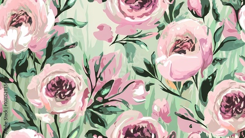 Abstract Watercolor Floral Pattern with Pink and Green Hues