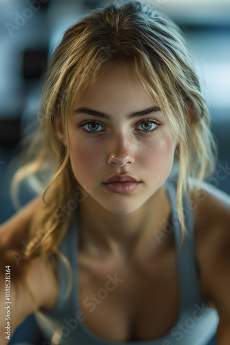 Young woman exercising in gym, focused and determined athlete training, fitness and strength lifestyle, close-up portrait