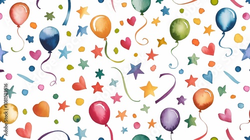 Whimsical Watercolor Confetti with Balloons, Stars, and Hearts Pattern
