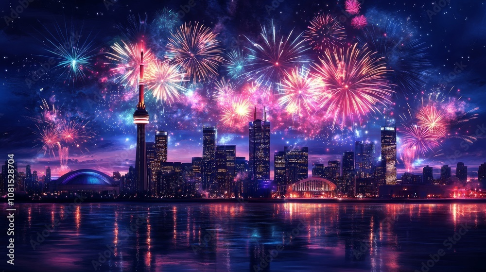 A stunning cityscape at night showcasing a colorful fireworks display over skyscrapers and water. A stunning cityscape at night showcasing a colorful fireworks display over skyscrapers and water.