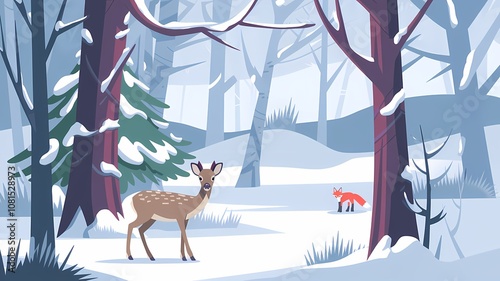 Winter Woodland Scene with Deer and Fox in Snowy Forest