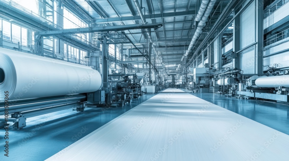 Industrial facility with large rolls of material and machinery for production. Industrial facility with large rolls of material and machinery for production.