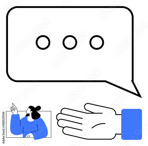 Speech bubble with three dots, a hand gesture, and a person in blue pointing. Ideal for communication, messaging, interaction, support, guidance consultation advice. Line metaphor