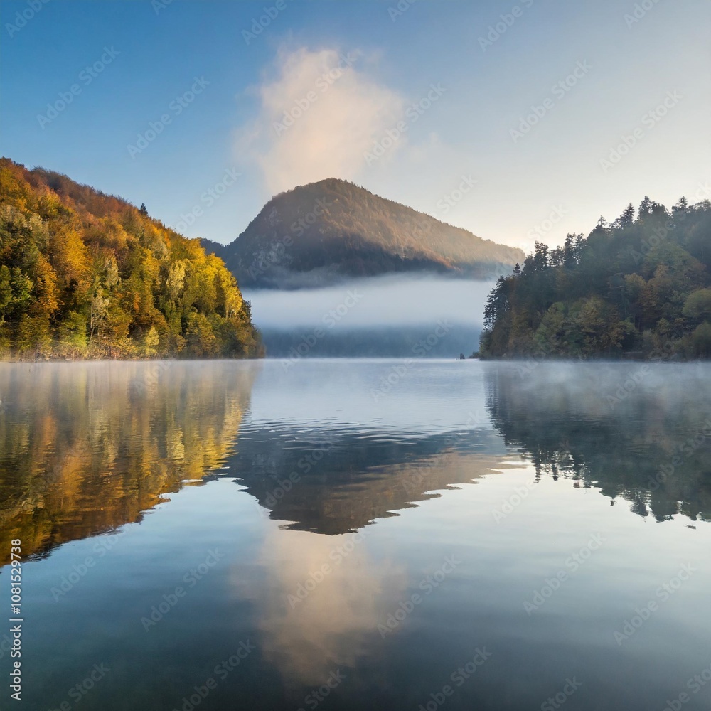 Peaceful Lake at Sunrise, With Mist Rising From the Water and a Lone Mountain Reflecting on the Calm Surface, Surrounded by Autumn Forests in Soft Morning Light