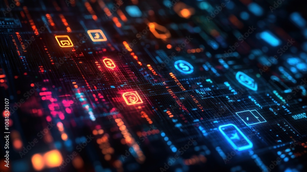 Abstract digital background with glowing icons and data streams, representing the interconnectedness of modern technology. Abstract digital background with glowing icons and data streams, representing the interconnectedness of modern technology.