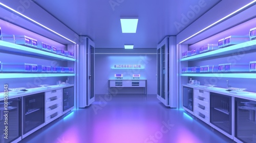 A futuristic laboratory with illuminated shelves and workstations.