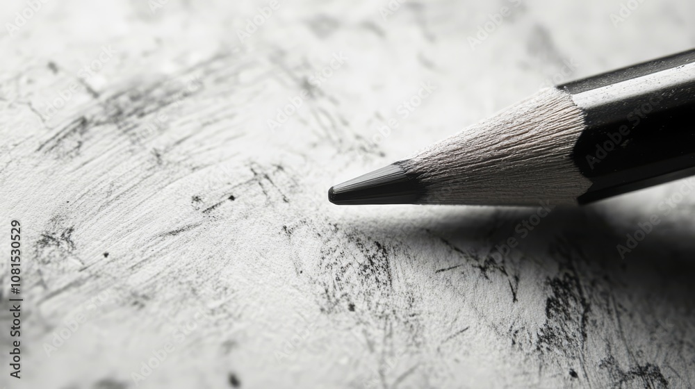 A close-up of a graphite pencil on a sheet of paper. The pencil is sharp and ready to write, while the paper is covered in light grey graphite strokes.