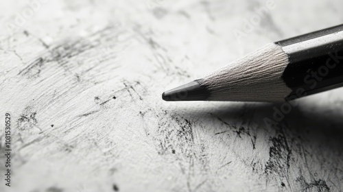Obraz na płótnie A close-up of a graphite pencil on a sheet of paper. The pencil is sharp and ready to write, while the paper is covered in light grey graphite strokes. w salonie