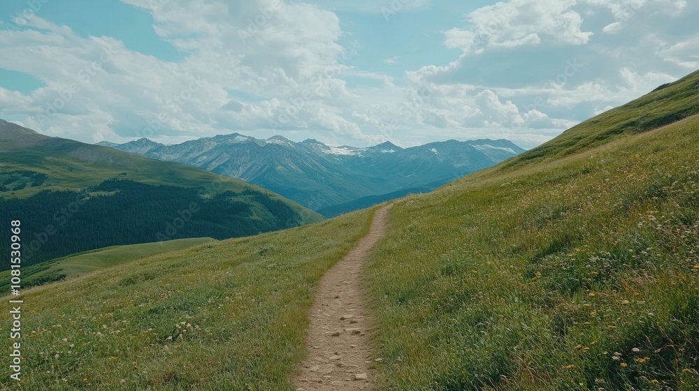 Fototapeta premium A serene mountain path winding through lush green meadows under a bright blue sky.