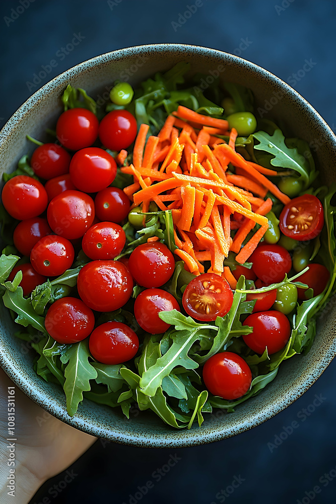 A bowl of fresh salad with cherry tomatoes, arugula, shredded carrots, and peas. A bowl of fresh salad with cherry tomatoes, arugula, shredded carrots, and peas.
