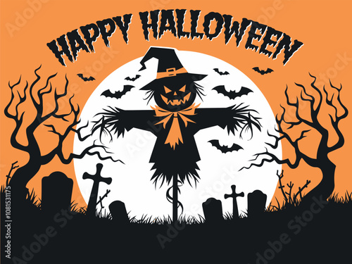 A spooky Halloween scene featuring a sinister scarecrow with a carved pumpkin face and a witch hat, standing in a graveyard.