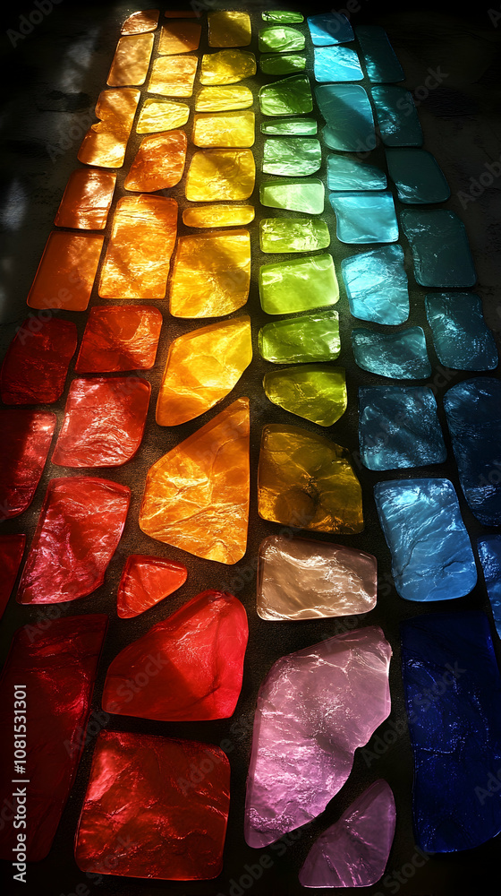A colorful stained glass window creates a rainbow path of light on the ground. A colorful stained glass window creates a rainbow path of light on the ground.