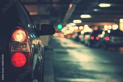 Rear view of a car parked in a dimly lit underground garage at night. photo